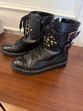 Black Embellished Croc-Texture Combat Boots 38